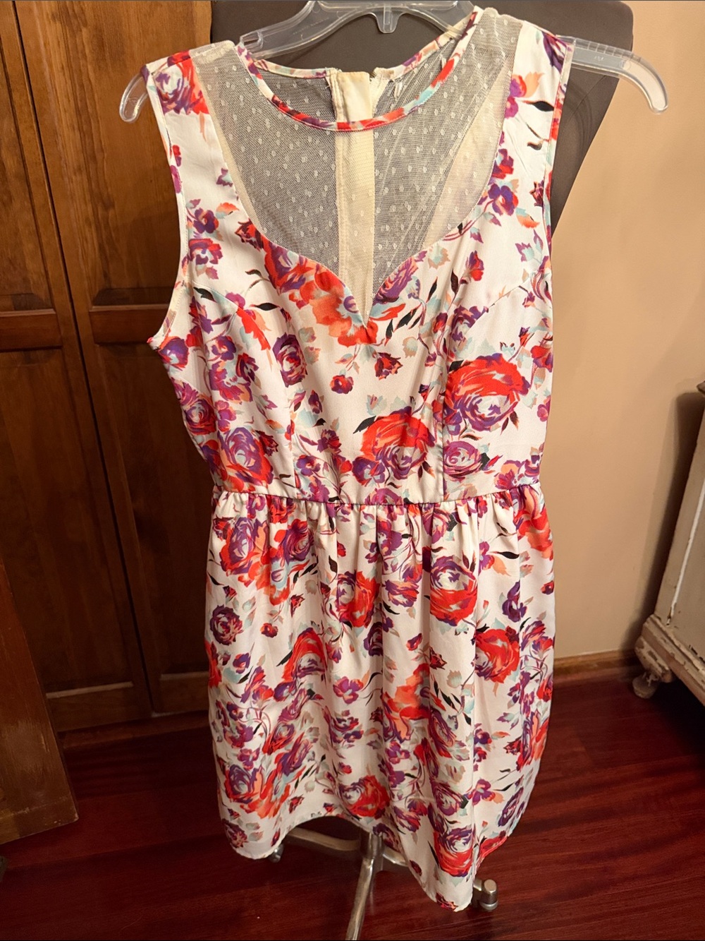 Sleeveless White Floral Casual Dress with Pink & Orange Blooms